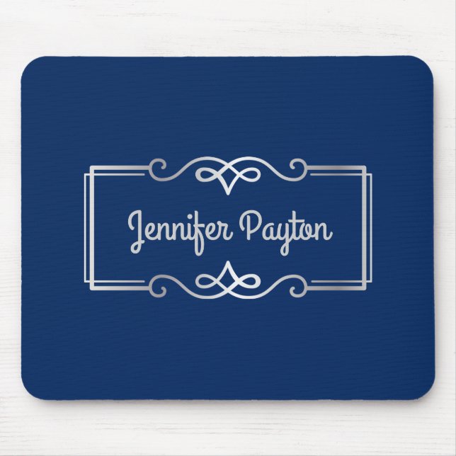 Wedding Anniversary Monogram Silver Navy Blue Mouse Pad (Front)