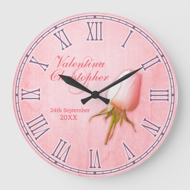 Wedding / anniversary named pink rose wall clock (Front)