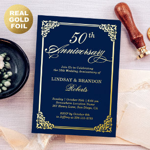 Wedding Anniversary Navy Blue Rococo Frame Gold
