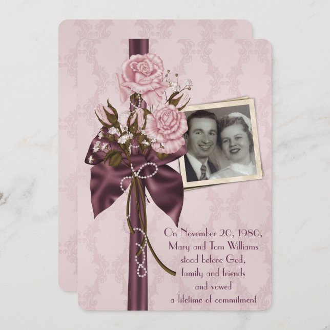 wedding anniversary party-blush roses and damask invitation (Front/Back)