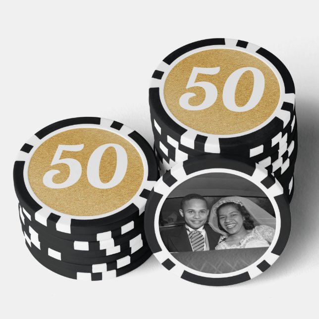 Wedding Anniversary Party Favor Black & Gold Photo Poker Chips (Stack)
