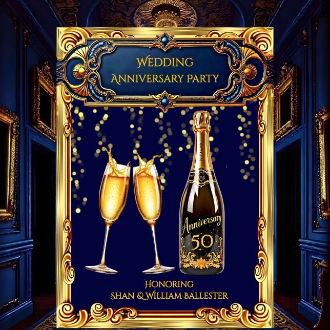 Wedding Anniversary Party Gold Blue Champagne Invitation (Creator Uploaded)