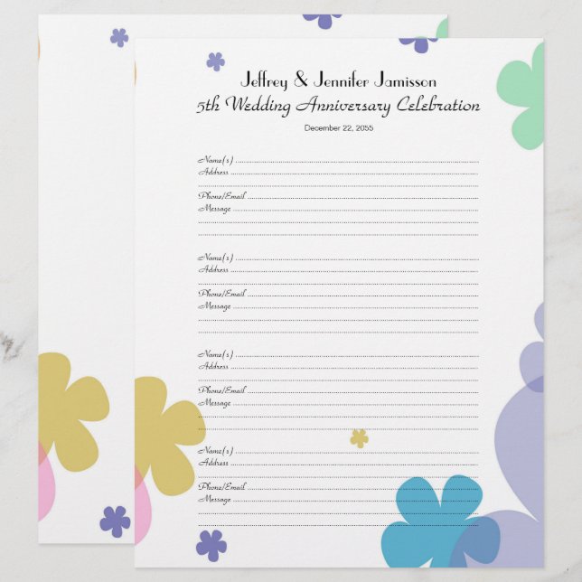Wedding Anniversary Party Guest Book Sign-In Page (Front/Back)