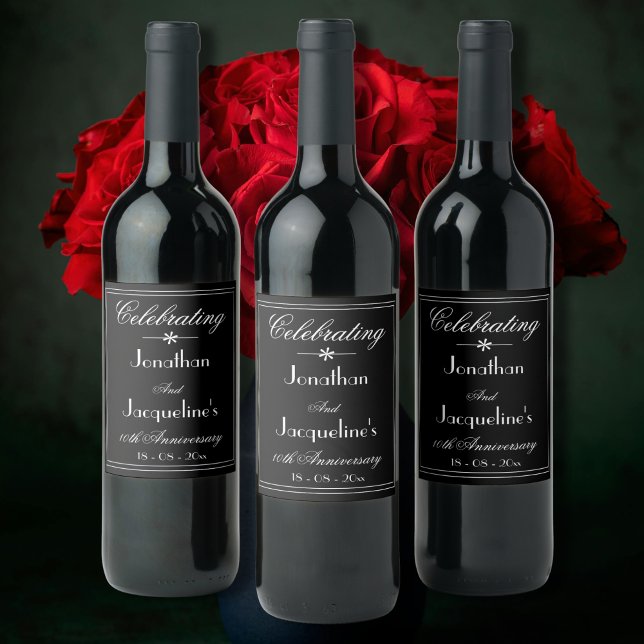 Wedding Anniversary Party Script Elegant Black Wine Label (For an Elegant Wedding Anniversary - Personalized Chic Black Wine Labels)