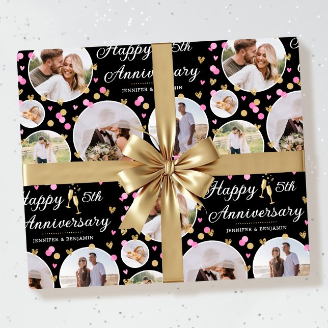 Wedding Anniversary Photo Collage Elegant Pink Wrapping Paper (Creator Uploaded)
