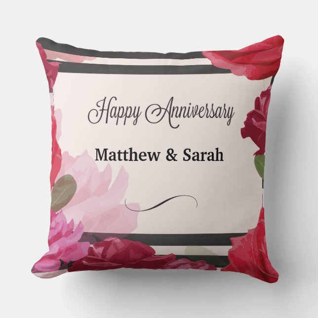 Wedding Anniversary Roses, Stripes, Custom Names Cushion (Front)