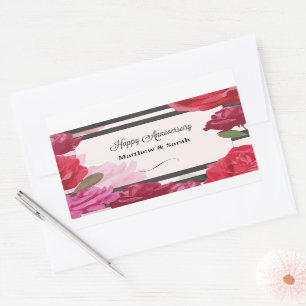 Wedding Anniversary Roses, Stripes, Custom Names Rectangular Sticker