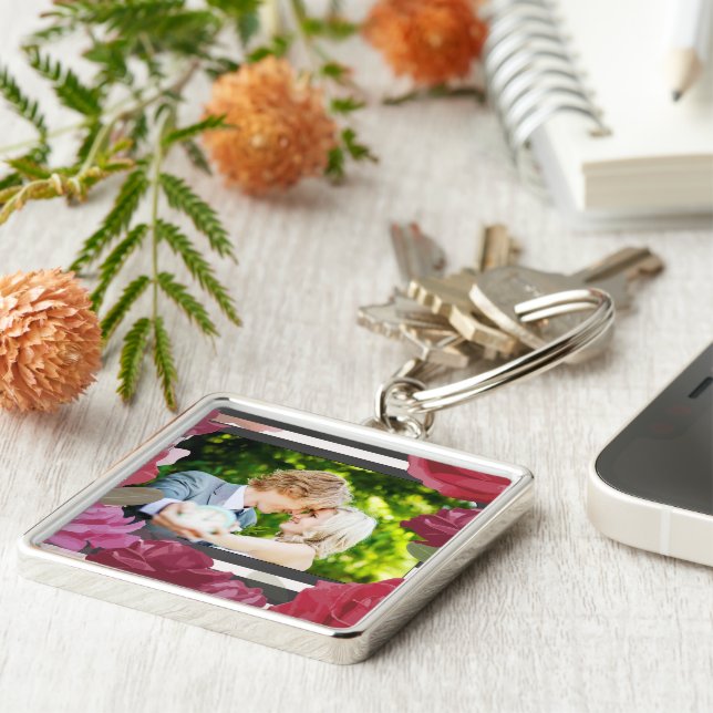 Wedding Anniversary Roses, Stripes, Custom Photo Key Ring (Side)