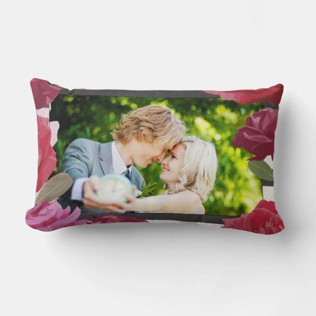 Wedding Anniversary Roses, Stripes, Custom Photo Lumbar Cushion (Front)