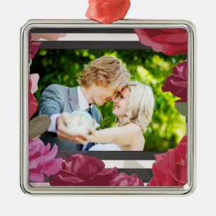 Wedding Anniversary Roses, Stripes, Custom Photo Metal Tree Decoration