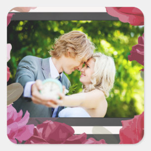 Wedding Anniversary Roses, Stripes, Custom Photo Square Sticker