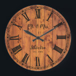 Wedding Anniversary Rustic Wood Mr Mrs Country Large Clock<br><div class="desc">Mr. and Mrs. large clock,  for wedding anniversary,  featuring antique illustration,  from vintage book,  with roman numerals,  over rustic wood texture,  and custom family name,  in black script. Great for country decor,  easily customise with your text and favourite colours (text and clock face).</div>