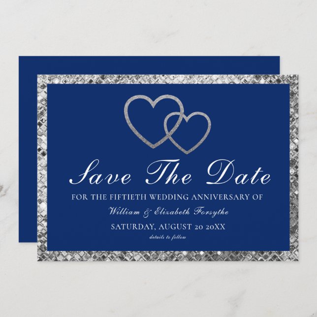 Wedding Anniversary Silver Hearts Blue Save The Date (Front/Back)