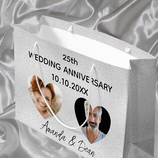 Wedding anniversary silver photo heart large gift bag (Creator Uploaded)