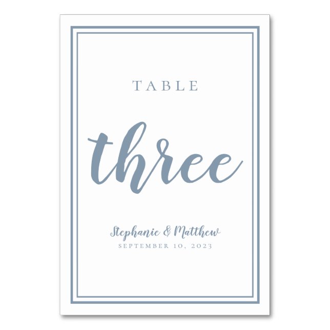 Wedding Anniversary Three Simple Modern Dusty Blue Table Number (Back)