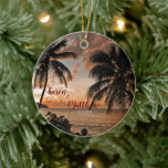 Wedding Anniversary Tropical Sunset Beach Custom Ceramic Tree Decoration<br><div class="desc">Wedding Anniversary Tropical Sunset Beach Custom Ceramic Ornament has a romantic scenery that was photographed in Cane Bay in St. Croix US Virgin Islands. Personalise it with a couple's name or just one person name and date. I love how the sunset, the palm trees and hillside come together to make...</div>