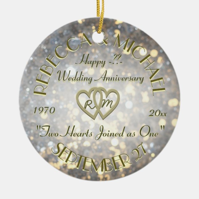 Wedding Anniversary Two Hearts Ceramic Tree Decoration (Front)
