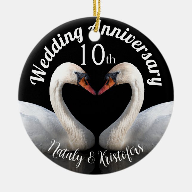 Wedding Anniversary two swans Black Ceramic Tree Decoration (Front)