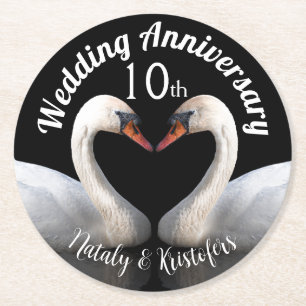 Wedding Anniversary two swans Black Round Paper Coaster