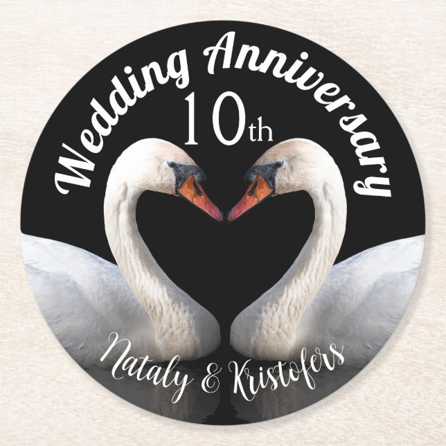 Wedding Anniversary two swans Black Round Paper Coaster (Front)