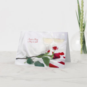 wedding anniversary wine and rose on satin card