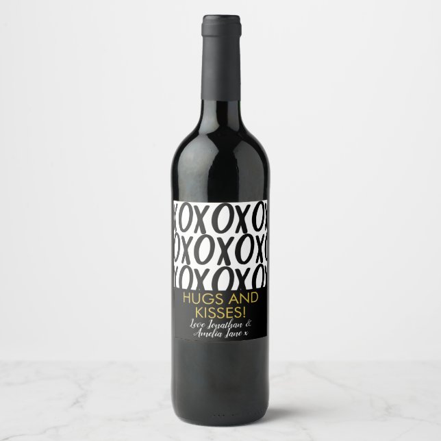 Wedding Anniversary XOXO Hugs Kisses Black White Wine Label (Front)