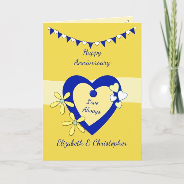 Wedding Anniversary yellow with bunting and hearts Card (Front)