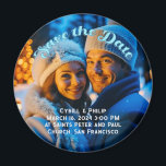 Wedding Annonouncement Save the Date Photo Magnet<br><div class="desc">Place this magnet on your family and friends' fridges as a gentle reminder of the upcoming celebration. The circular shape ensures it stands out,  making it a unique and memorable way to mark the date on their calendars. Share the anticipation and excitement as you countdown to your special day.</div>