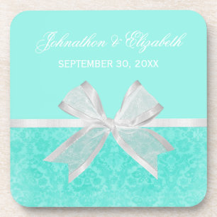 Wedding Announcement Chic Aqua Damask White Bow Coaster