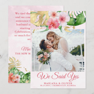 Wedding Announcement Tropical Flowers Gold