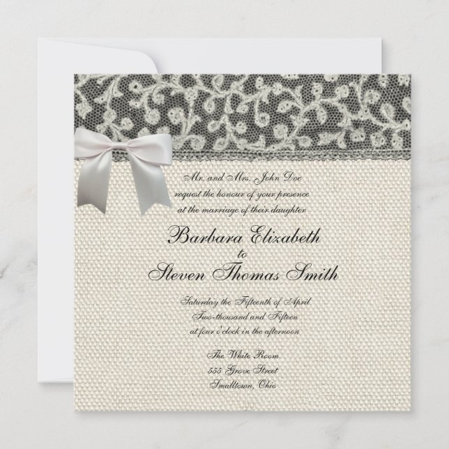 Wedding Antique Lace Linen White Classic Pretty Invitation (Front)