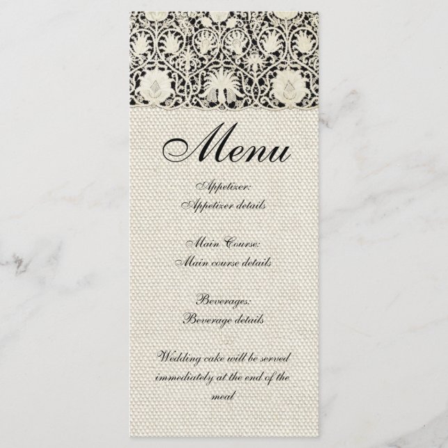 Wedding Antique Lace Linen White Classic Pretty Menu (Front)