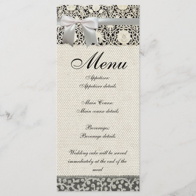 Wedding Antique Lace Linen White Classic Pretty Menu (Front)