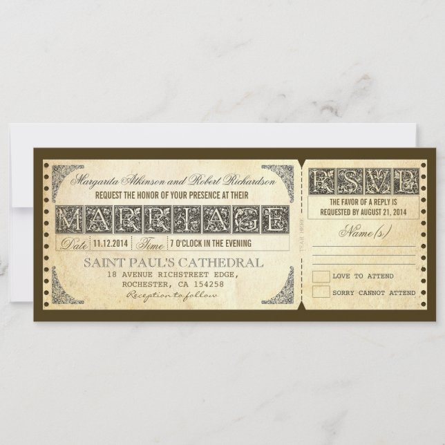 wedding antique ticket invitation & rsvp design (Front)