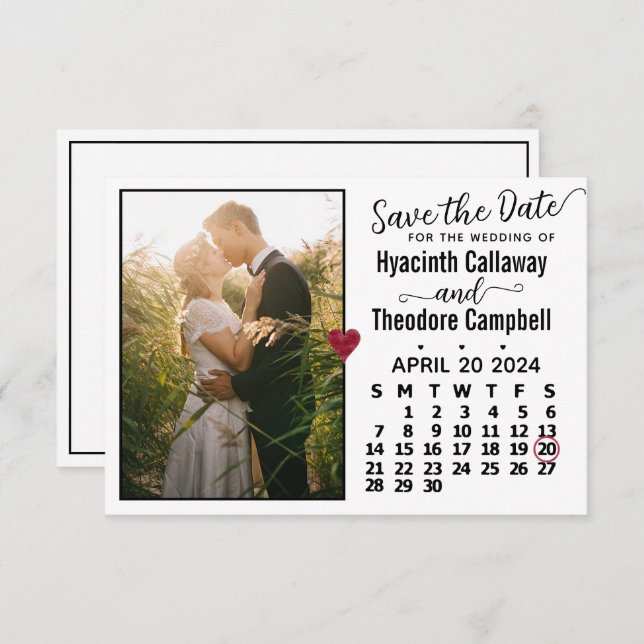 Wedding April 2024 Calendar Custom Photo White Save The Date (Front/Back)