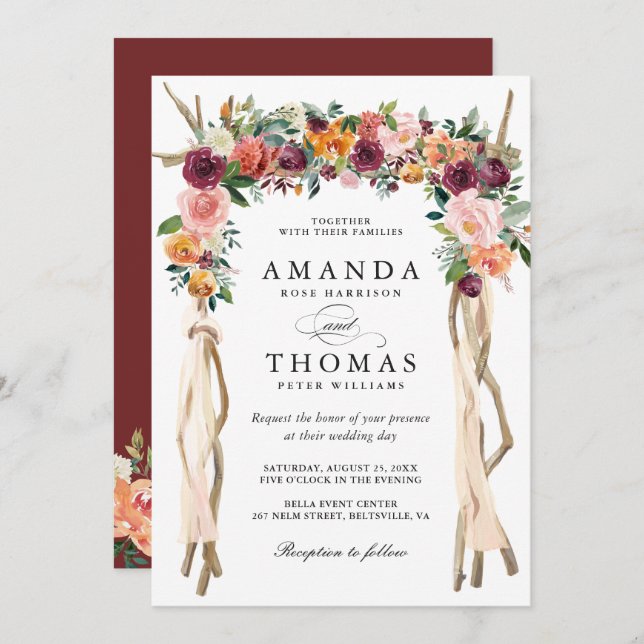 Wedding Arch Burgundy Blush Rustic Bloom Floral Invitation (Front/Back)