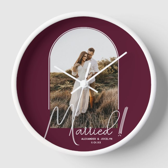 Wedding Arch Photo Burgundy Clock (Front)