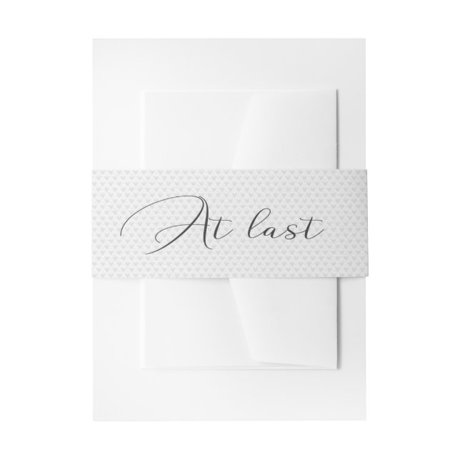 Wedding AT LAST Script on Silver Hearts Invitation Belly Band (Front Example)