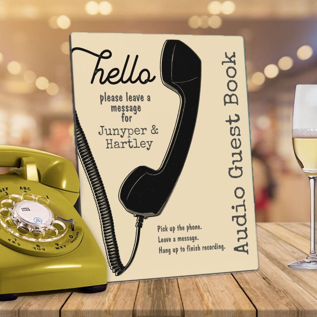 Wedding Audio Guest Book Black Phone on Cream 8x10 Plaque (Hello - Wedding Audio Guest Book Sign in Cream Off-White)
