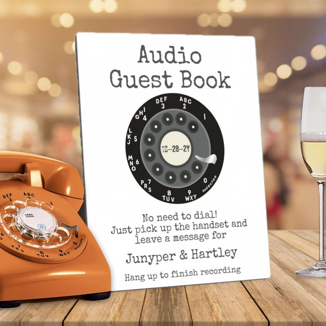 Wedding Audio Guest Book Black Rotary Dial Sign Plaque (Audio Guest Book Personalized 8x10 easel sign - black rotary dial- white background)
