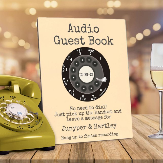 Wedding Audio Guest Book Black Rotary Ivory Cream Plaque (Audio Guest Book Personalized 8x10 easel sign - black rotary dial- ivory cream background)