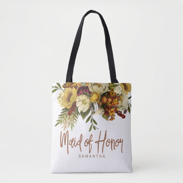 Wedding autumn fall rustic floral maid of honour tote bag (Front)