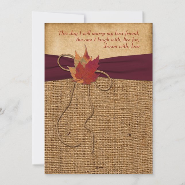 Wedding | Autumn Leaves | FAUX Burlap | Wine Invitation (Front)