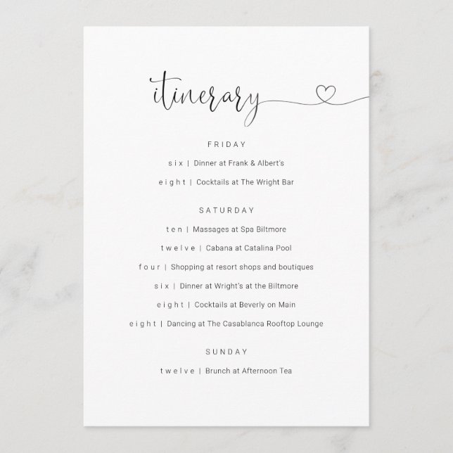 Wedding / Bachelorette Party / Birthday Itinerary Programme (Front)