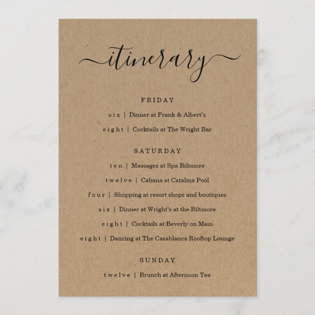 Wedding / Bachelorette Party / Birthday Itinerary Programme (Front)