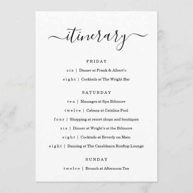 Wedding / Bachelorette Party / Birthday Itinerary Programme (Front)