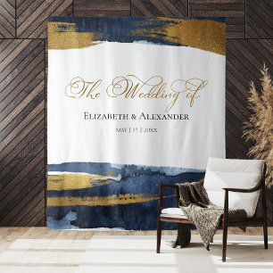 Wedding Backdrop   Blue Watercolor Abstract Gilded Tapestry
