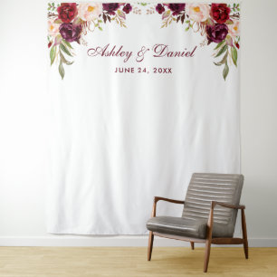 Wedding Backdrop Photo Booth Prop Burgundy Floral Tapestry