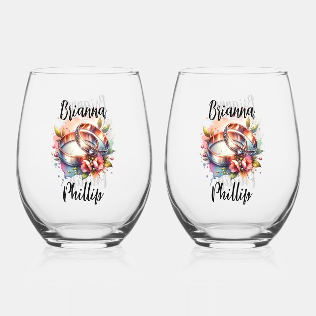 Wedding Bands Floral Design Signature Stemless Wine Glass (Front)