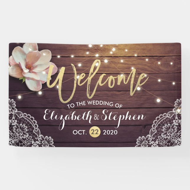 Wedding Banner Floral String Light Wood Lace Decor (Horizontal)